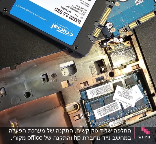 כונן SSD וכונן קשיח במחשב נייד פתוח